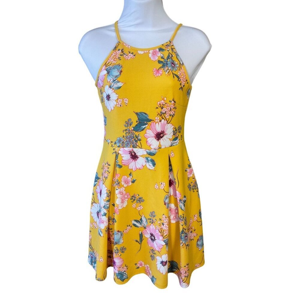 Soprano Strappy Halter Neck Pleated Skirt Yellow Floral Textured Dress Small